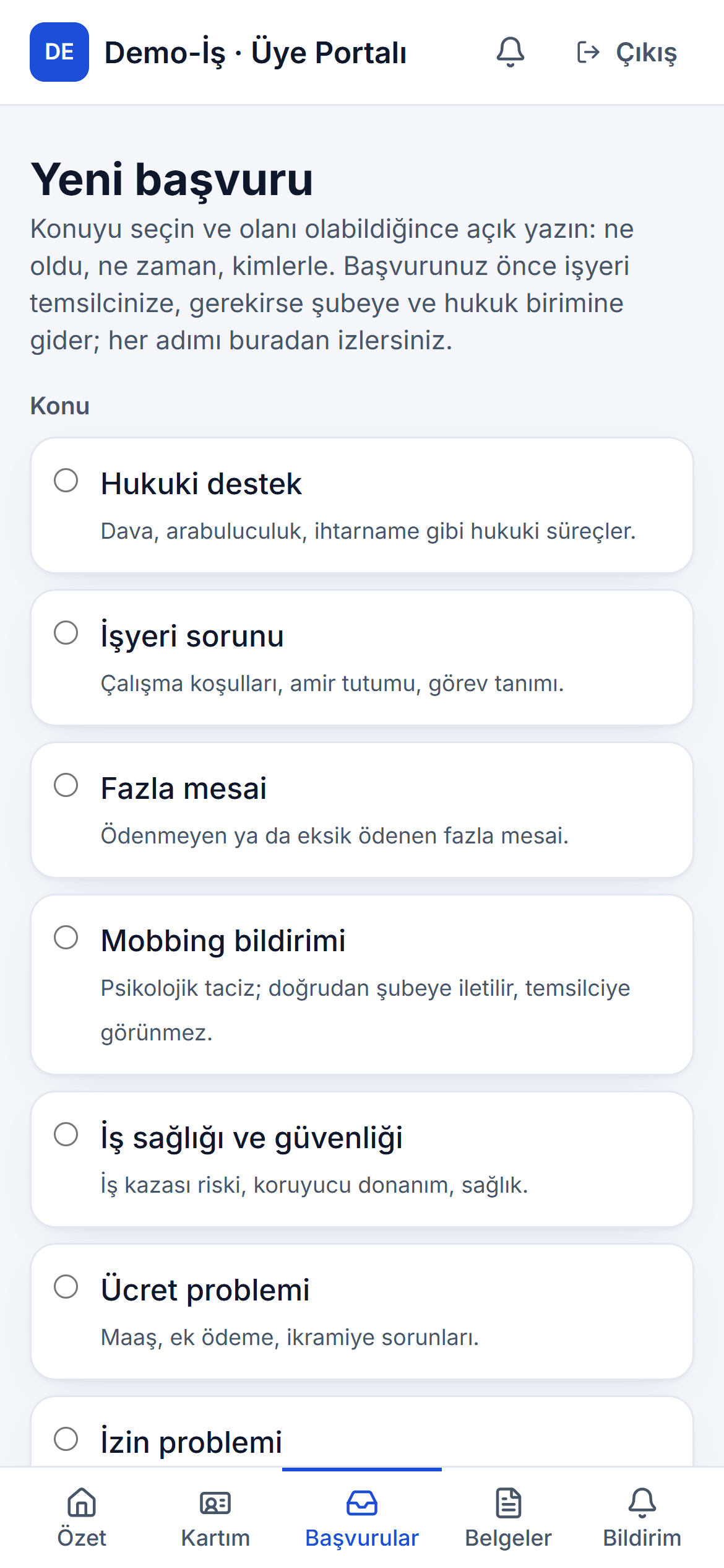 Yeni başvuru ekranı: konu seçimi